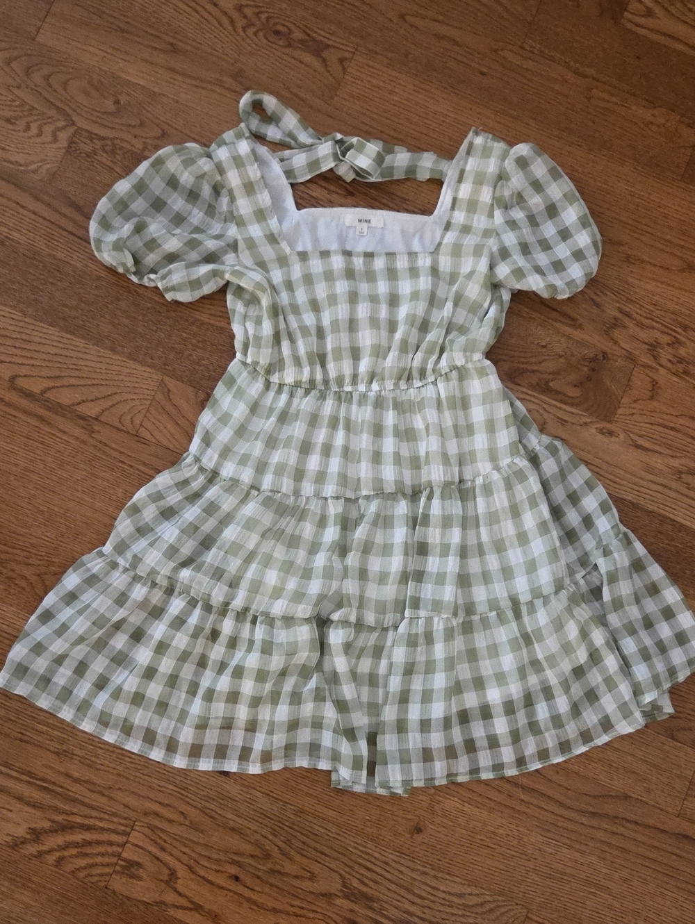 mine Light Green and White Gingham Tiered Dress